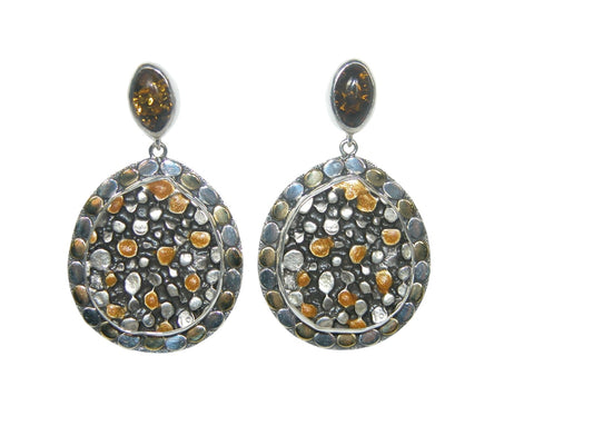 32874 Hand Enameled Post Earrings with Baltic Amber