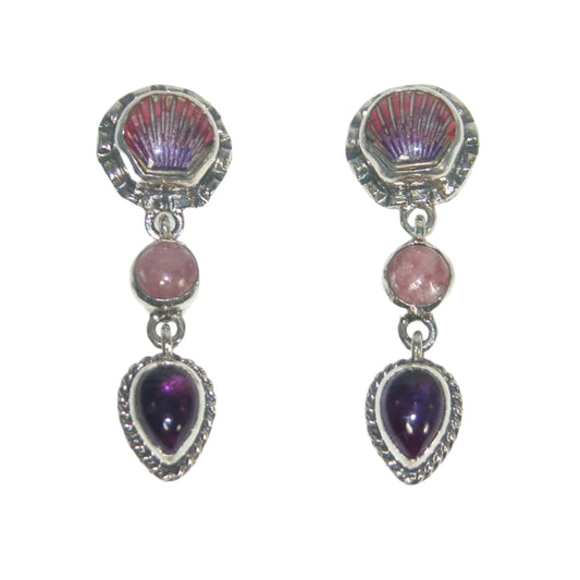 32875 Enameled Seashell Amethyst Sterling Silver Drop Earrings