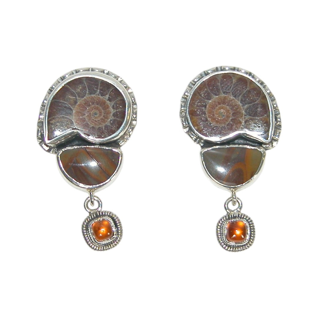 32876 Ammonite, Jasper, Hessonite Sterling Silver Earrings