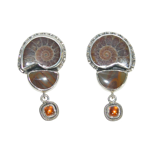 32876 Ammonite, Jasper, Hessonite Sterling Silver Earrings