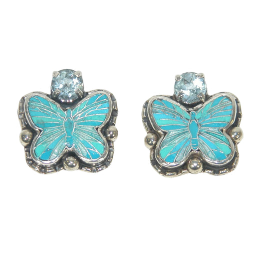 32878 Aquamarine and Hand Enamel Butterflies Sterling Silver Earrings