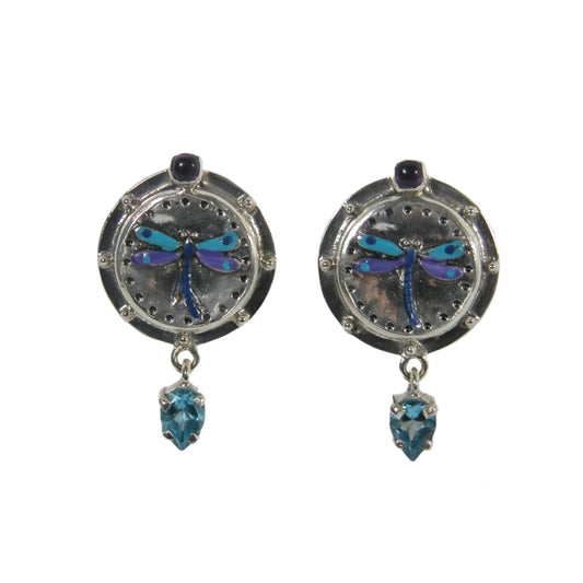 32891 Amethyst and Blue Topaz Hand Enameled Dragonfly Dangle Sterling Silver Earrings