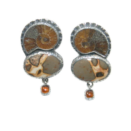 32898 Ammonite Fossil, Jasper and Hessonite Sterling Silver Earrings