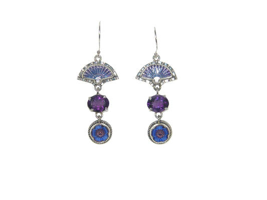 32901 Fan Enamel Amethyst Dangle Sterling Silver Earrings
