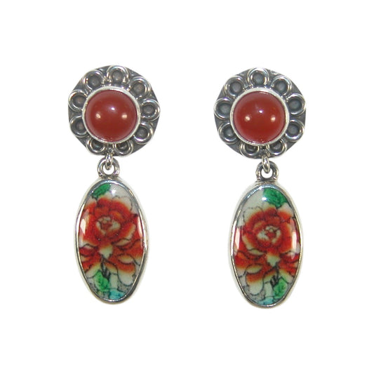 32904 Carnelian Flower Tile Sterling Silver Earrings