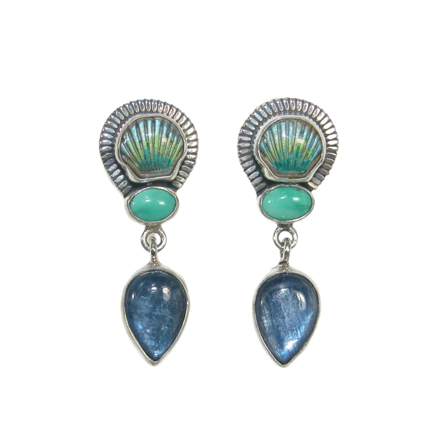 32905 Turquoise and Hand Enameled Shell Dangle Sterling Silver Earrings