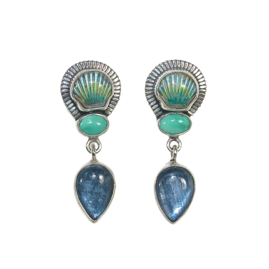 32905 Turquoise and Hand Enameled Shell Dangle Sterling Silver Earrings
