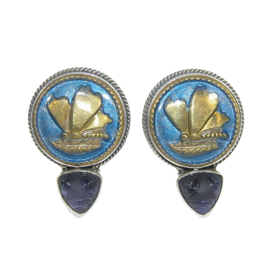 Hand Enameled Vintage Butterfly Button with Blue Quartz Sterling Silver Earrings