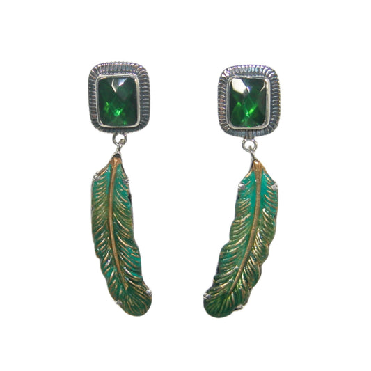 32914 Green Enameled Feather Sterling Silver Earrings
