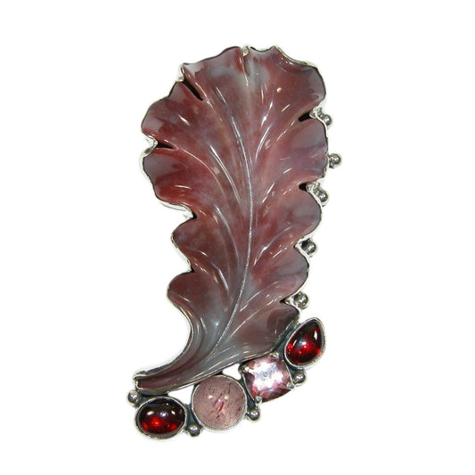 32915 Carved Agate Leaf Sterling Silver Pin and Pendant