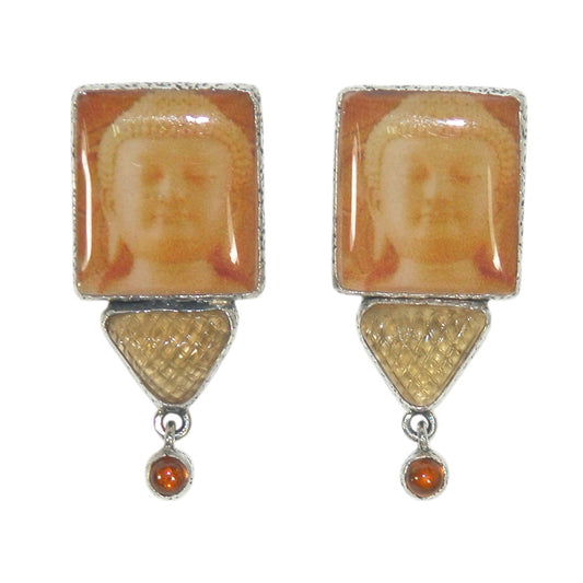 32916A Hand Enameled Buddha Tile, Citrine, Sterling Silver Earrings