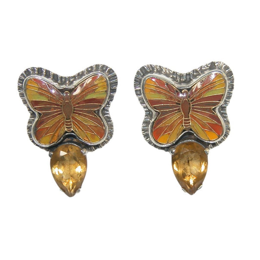32919 Hand Enameled Butterfly with Citrine Sterling Silver Earrings
