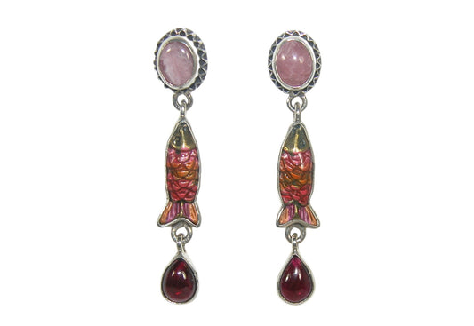 32921A Hand Enamel Fish Rhodochrosite, Garnet Sterling Silver Earrings