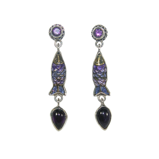32921B Amethyst Fish Sterling Silver Drop Earrings