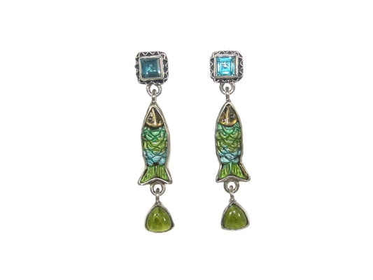 32921D Peridot, Blue Topaz, Hand Enameled Fish, Sterling Silver Earrings