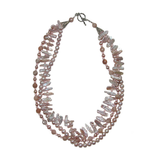 32927 Three Strand Pink Freshwater Pearl Sterling Silver Necklace