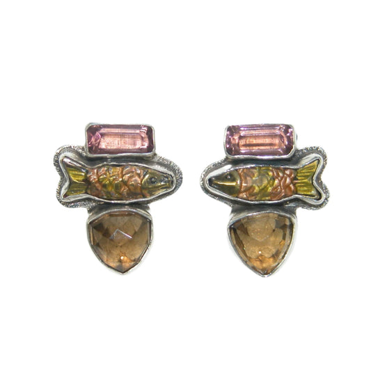 32928A Quartz Hand Enameled Fish Sterling Silver Earrings