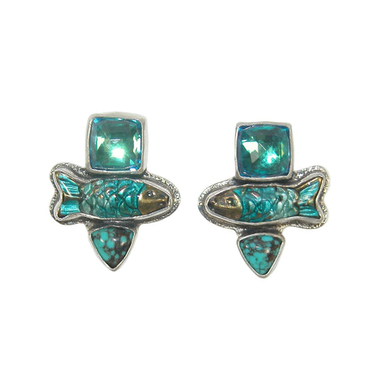 32928C Quartz, Turquoise Hand Enameled Fish Sterling Silver Earrings