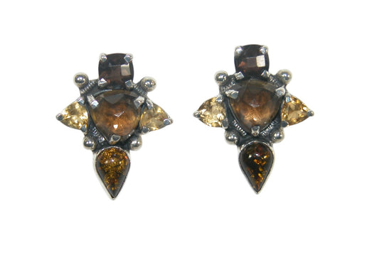 32929G Cognac Topaz, Baltic Amber, Smoky Quartz, Citrine Sterling Silver Earrings