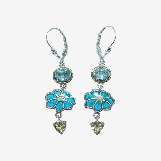 32930 Blue Topaz, Citrine, Enameled Flower Earrings