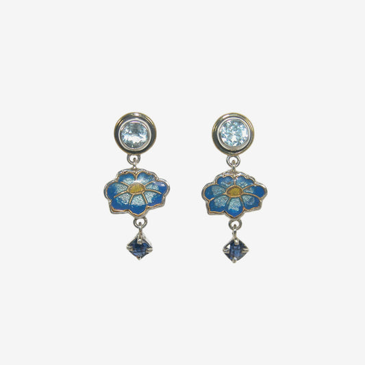 32930A Blue Topaz, Celestial Quartz, Enameled Flower Earrings
