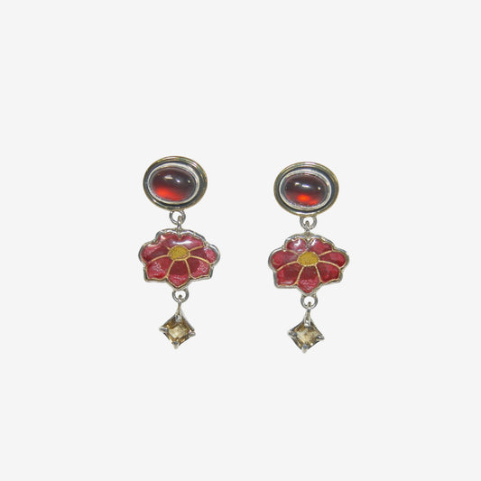 32930B Garnet, Citrine, Enameled Flower Earrings
