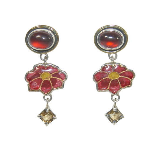 32930B Garnet, Citrine Enamel Flower Sterling Silver Dangle Earrings