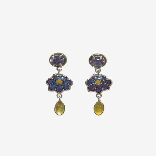 32930C Amethyst, Citrine, Enameled Flower Earrings