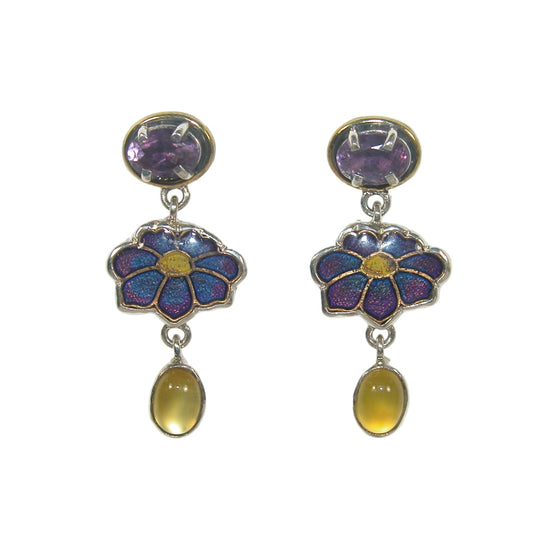 32930C Amethyst, Citrine Enamel Flower Sterling Silver Dangle Earrings
