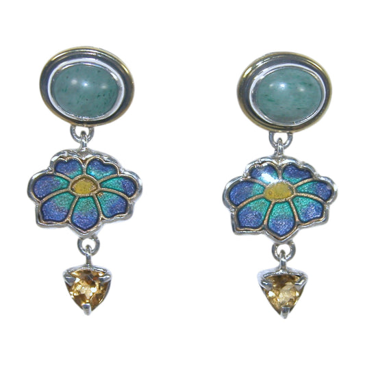 32930D Citrine Enamel Flower Sterling Silver Dangle Earrings