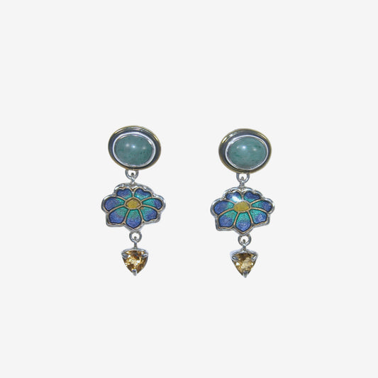 32930D Aventurine, Citrine, Enameled Flower Earrings