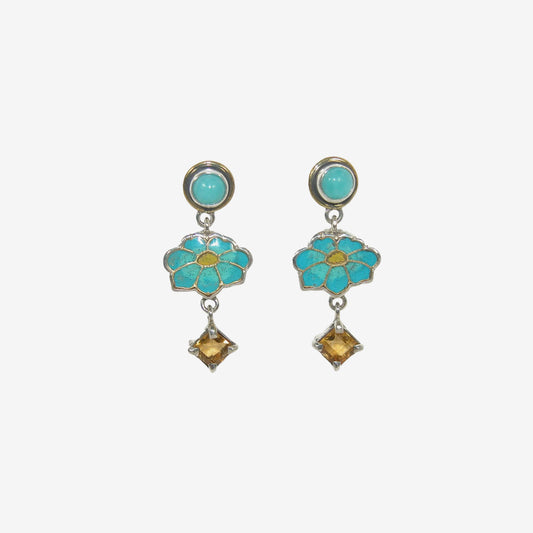 32930E Turquoise, Citrine, Enameled Flower Earrings