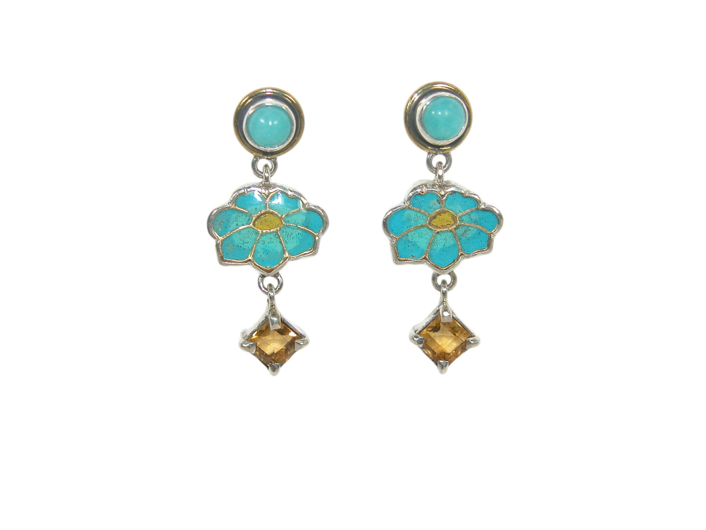 32930E Turquoise, Citrine, Hand Enameling Flower Sterling Silver Earrings