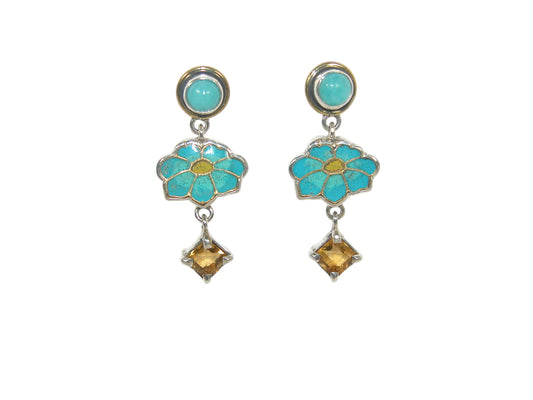 32930E Turquoise, Citrine, Hand Enameling Flower Sterling Silver Earrings