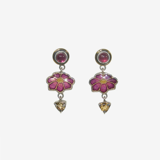 32930F Amethyst, Citrine, Enameled Flower Earrings