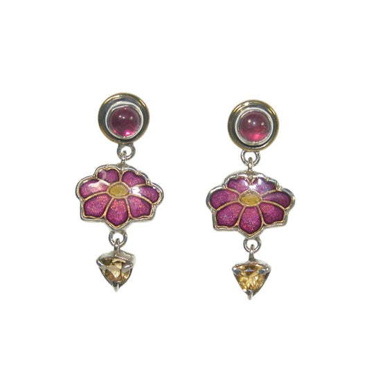 32930F Tourmaline, Citrine Enamel Flower Sterling Silver Dangle Earrings