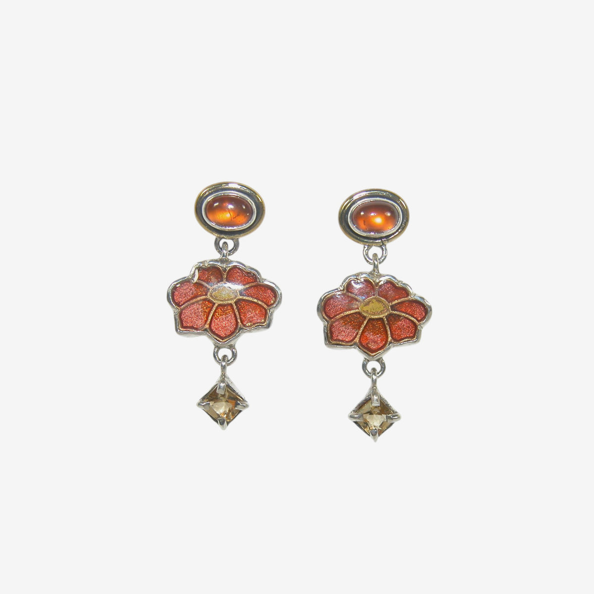 32930G Hessonite, Citrine, Enameled Flower Earrings