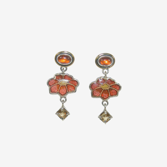 32930G Hessonite, Citrine, Enameled Flower Earrings