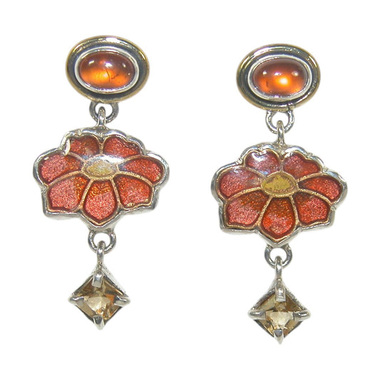 32930G Hand Enamel Flower Citrine Sterling Silver Dangle Earrings