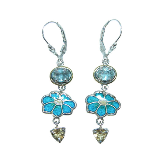 32930 Blue Topaz, Citrine, Hand Enameling Flower Sterling Silver Earrings