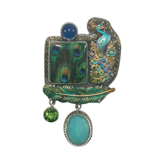 Handmade Tile Enamel Peacock with Lapis, Amazonite and Celestial Quartz Sterling Silver Pin Pendant