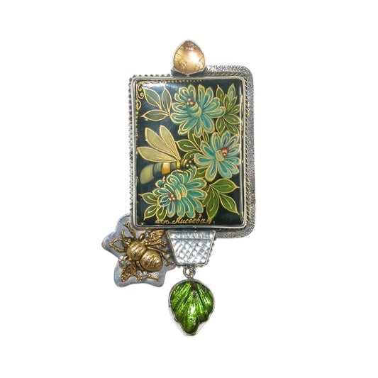 32937 Hand Painted Floral Tile Sterling Silver Pin and Pendant