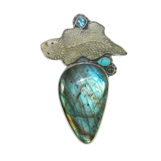 Carved Animal, Blue Topaz, Turquoise, Labradorite Sterling Silver Pin and Pendant