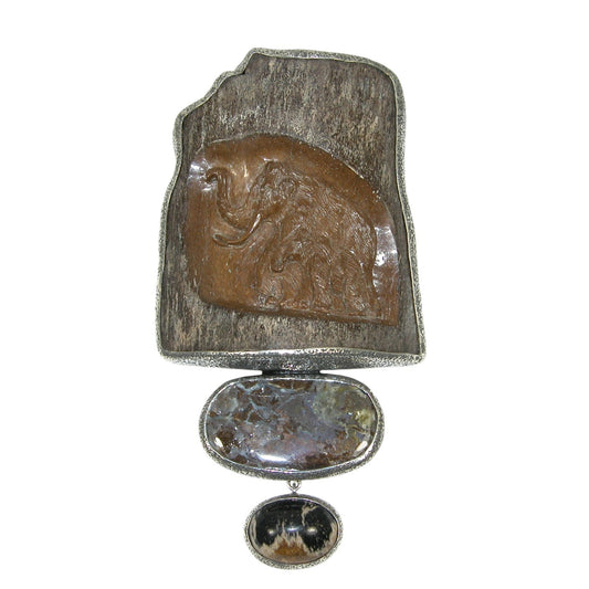 32943 Wood Carved Elephant, Boulder Opal Sterling Silver Pin and Pendant