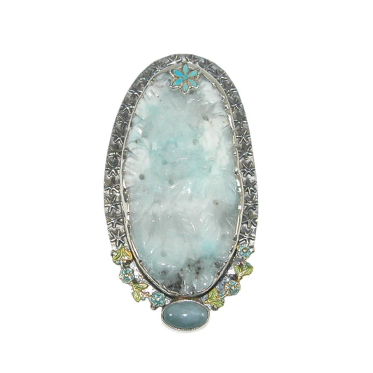 Hand Carved Larimar Floral with Aquamarine Sterling Silver Pin and Pendant