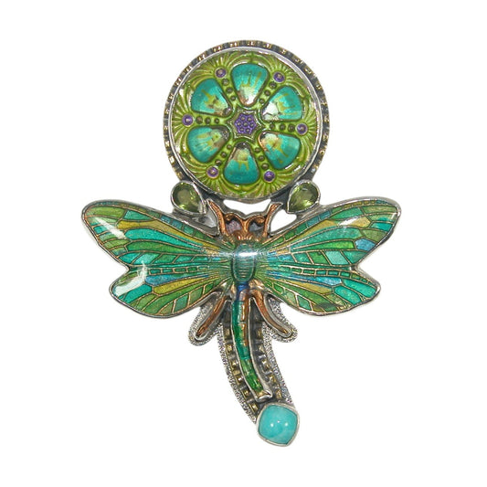 Hand Enamel Dragonfly, Amazonite Sterling Silver Pin Pendant
