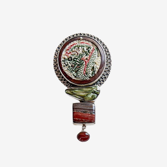 32950 Hand-Carved Bone, Freshwater Pearl, Tiger Iron Pin / Pendant