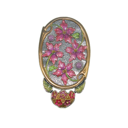 32951 Hand Enameled Oval Floral Sterling Silver Pin and Pendant