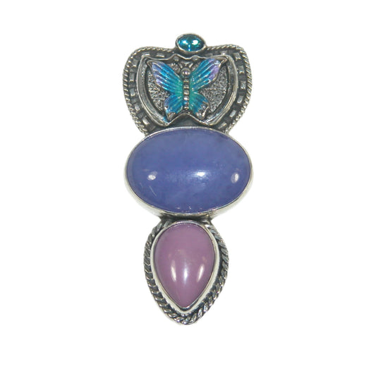 32954 Hand Enameled Butterfly and Topaz Sterling Silver Pin and Pendant