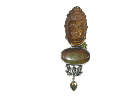 Tiger's Eye Buddha Head with Turquoise Sterling Pin Pendant